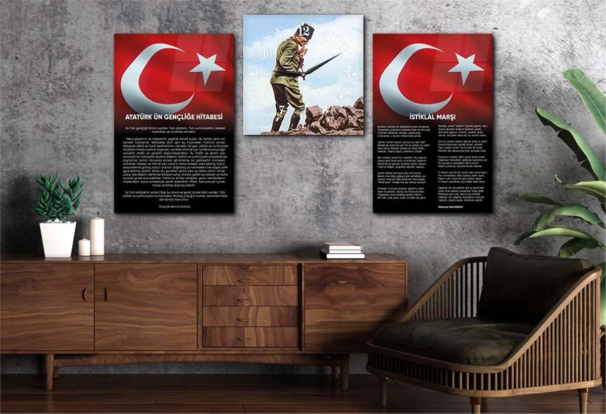 Atatürk and Independence March Glass Wall Art Set with Clock