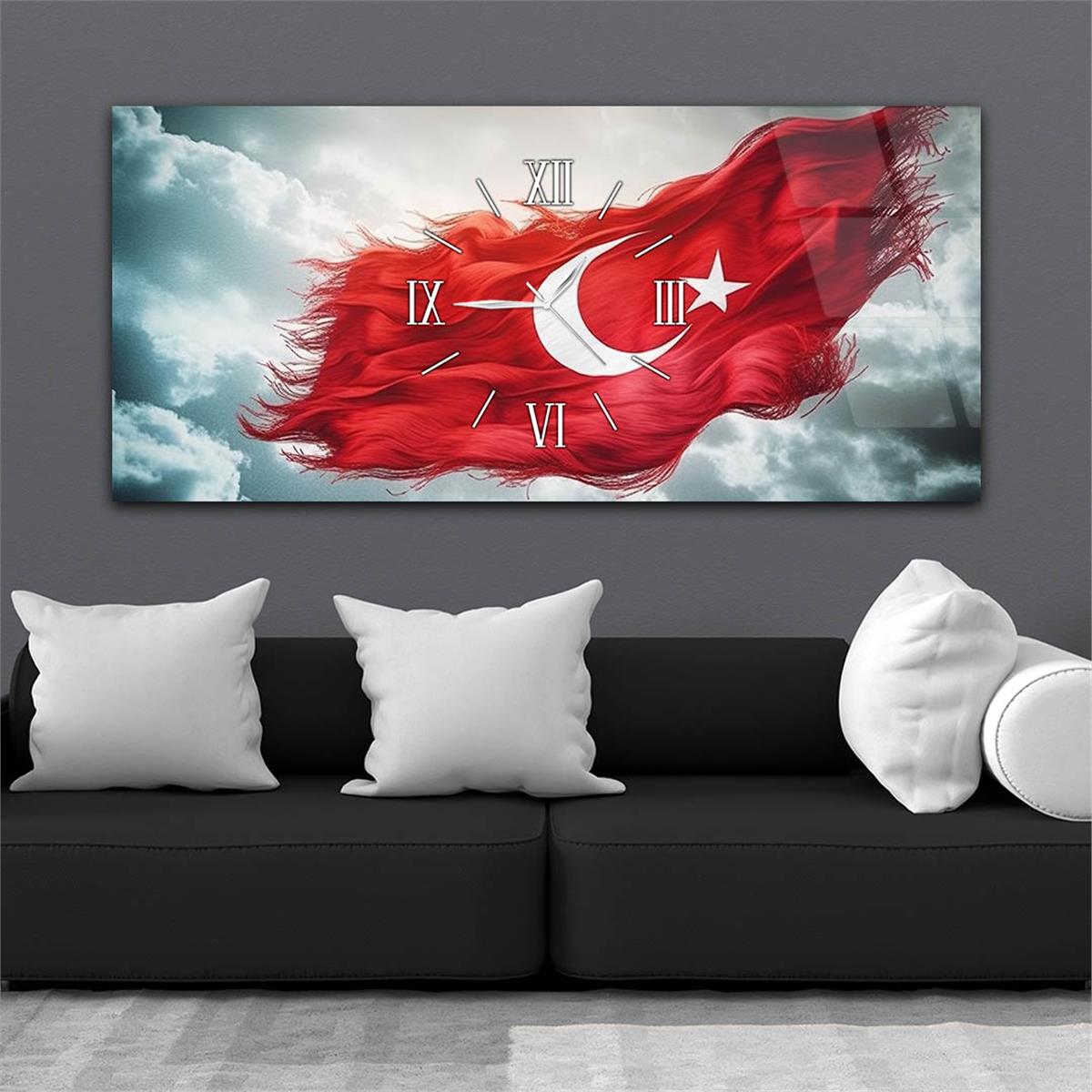 Bulutlar Arasında Dalgalanan Türk Bayrağı Saatli  Cam Tablo 079