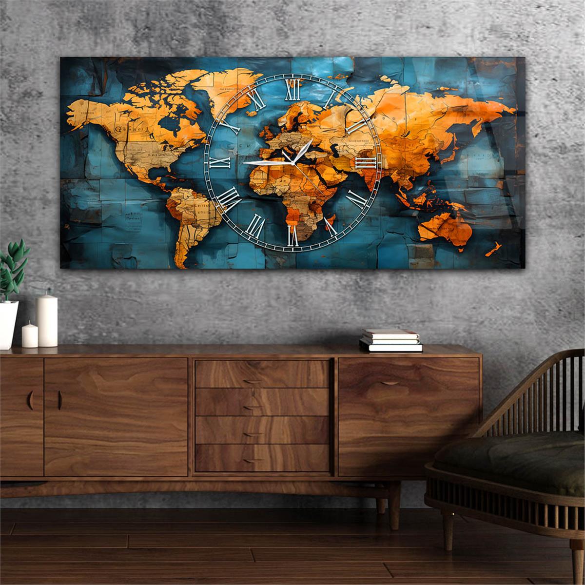 Şık ve Zarif: Mavi Zemin Üzerinde Roma Rakam Saatli Kahverengi Dünya Haritası Cam Tablo