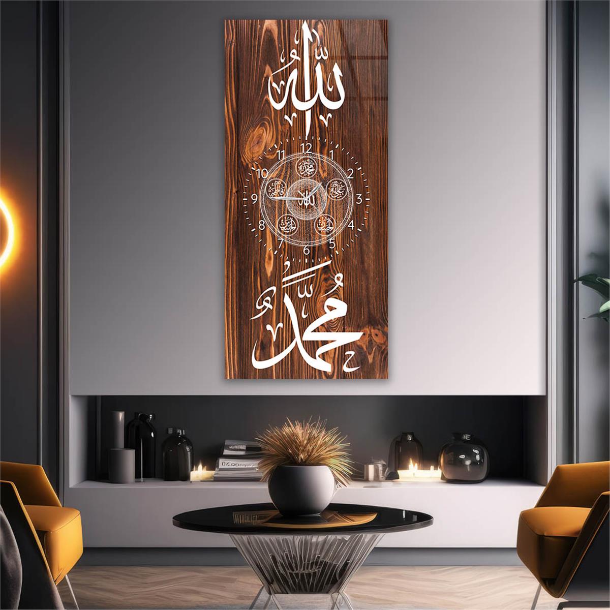 Vertical Religious Themed Glass Wall Art with Clock at the Center 019