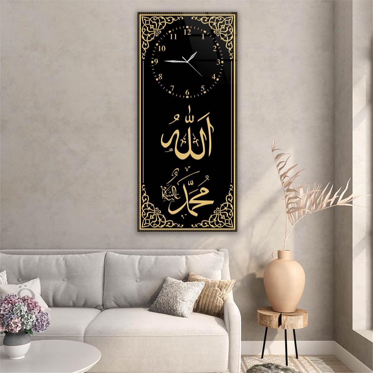 Dikey Üstten Saatli Dini Temalı Cam Tablo 012