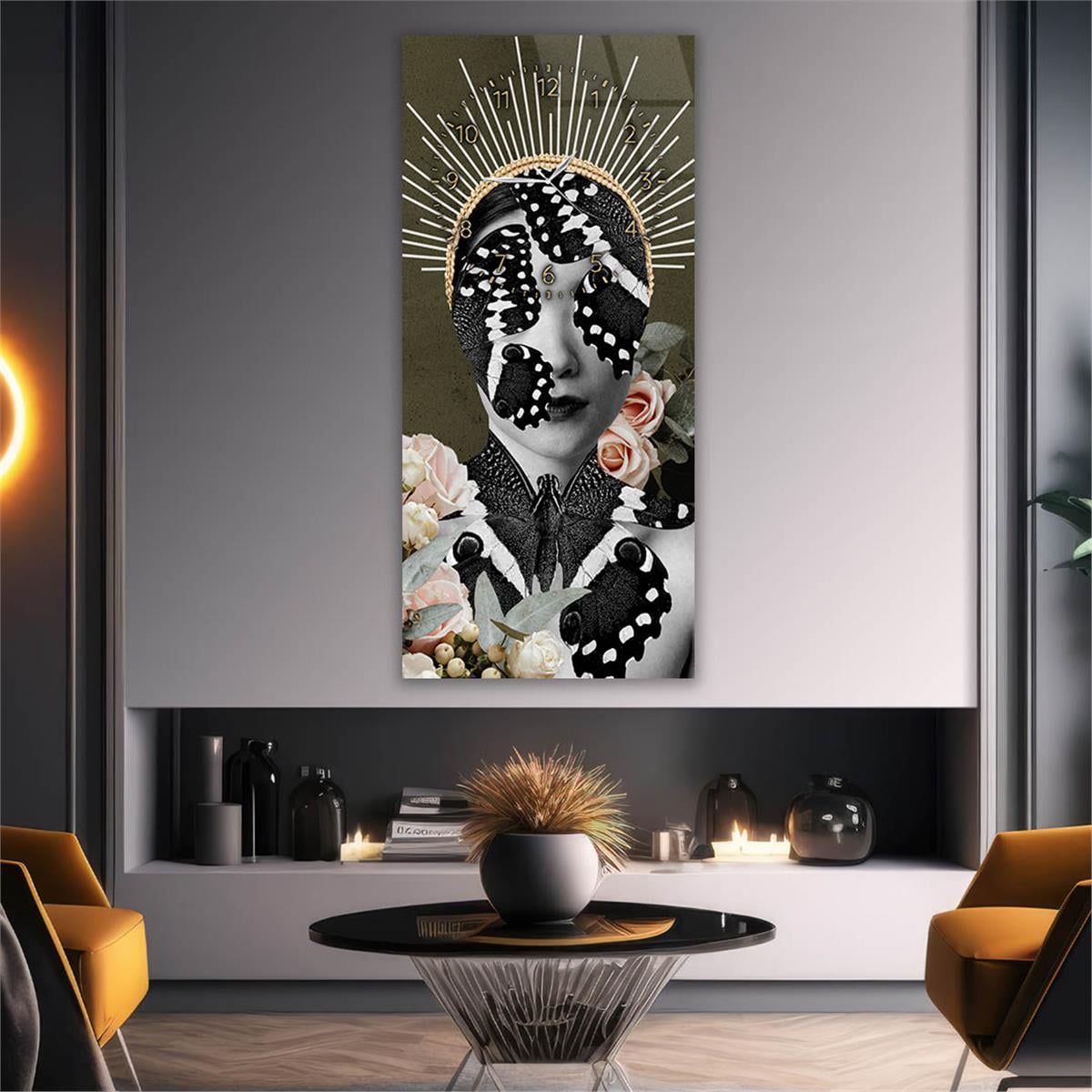 Verticale, Aan De Boven Kant Voorzien Van Een Klok, Kunst en Natuur Thema Gehard Glasschilderij 007