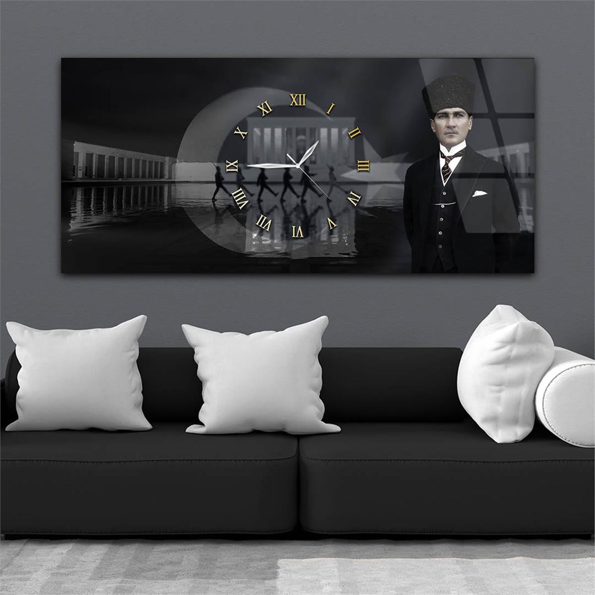 Yatay Saatli Ortadan Vatan Temalı Cam Tablo 153