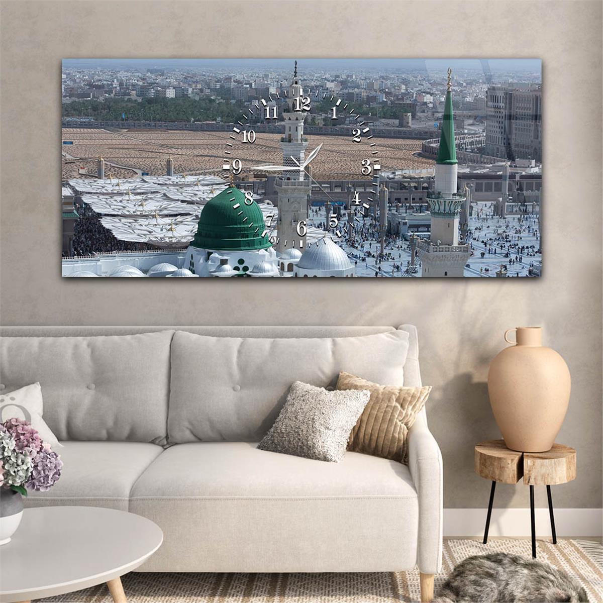 Yatay Ortadan Saatli  Dini Temalı Cam Tablo 054