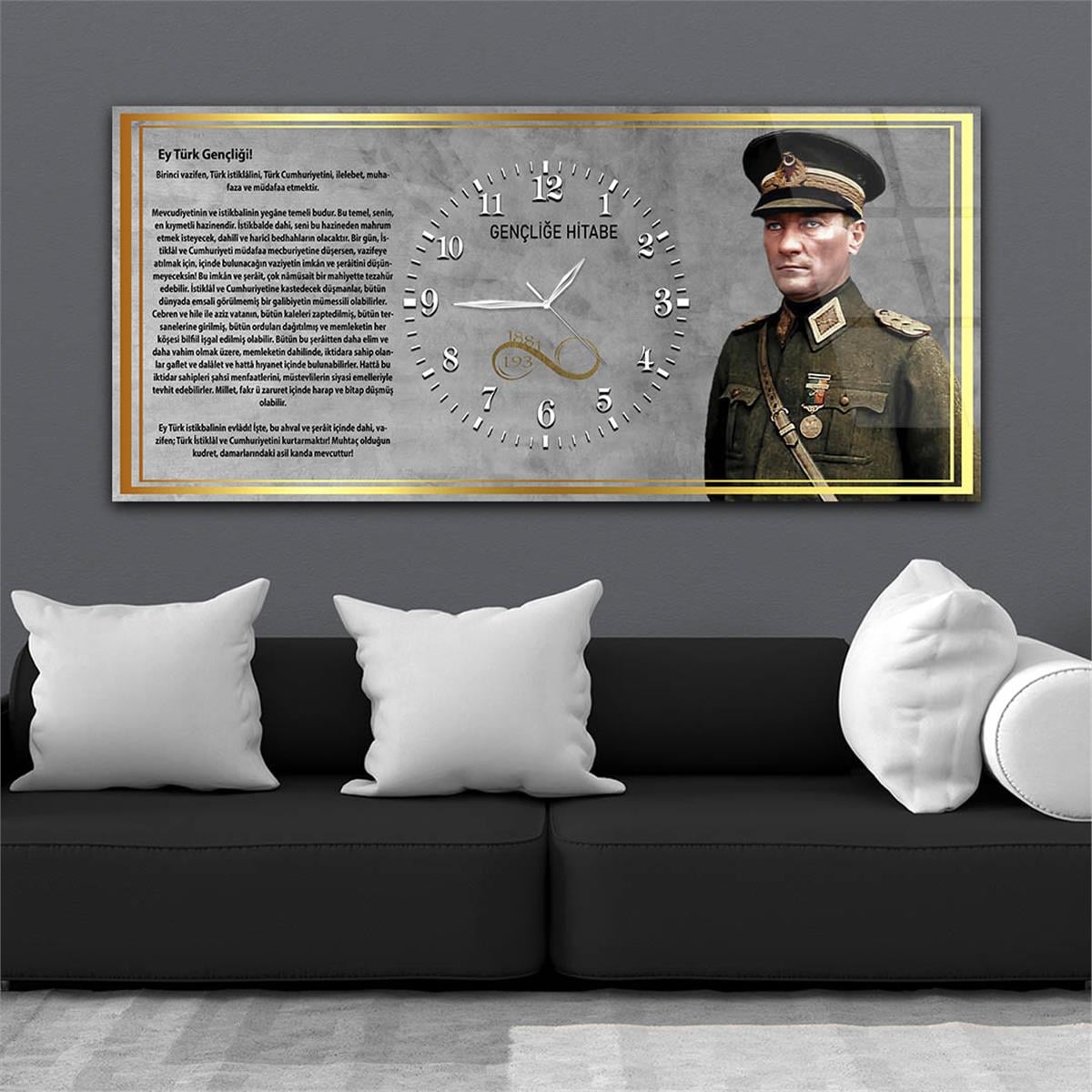 Mareşal Mustafa Kemal Atatürk ve Gençliğe Hitabesi Saatli  Vatan Temalı Cam Tablo 041