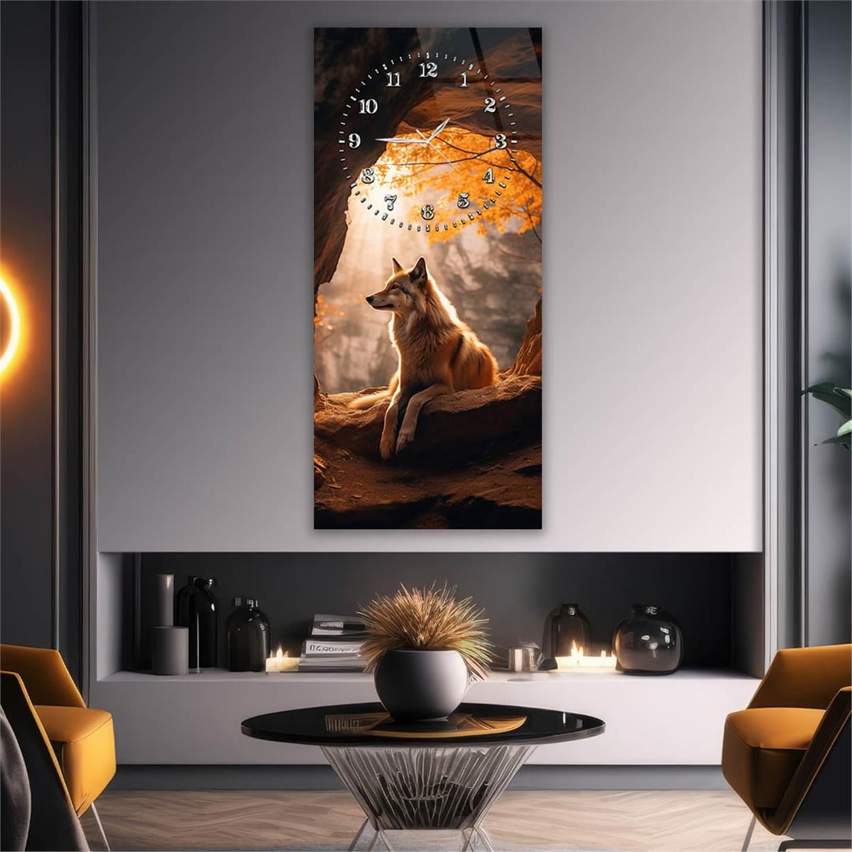 Dikey Üstten Saatli Sanat Temalı Cam Tablo 104