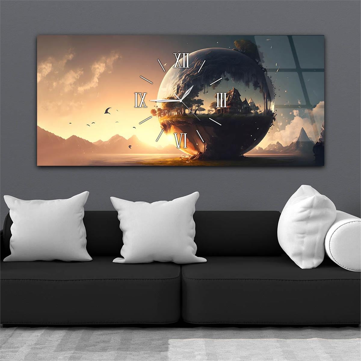 Yatay Ortadan Saatli  Sanat ve Doğa Temalı Cam Tablo 097