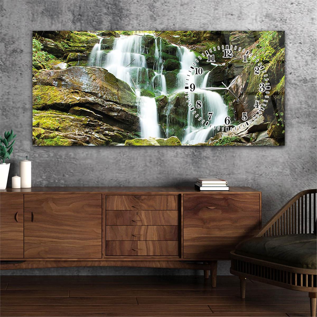 Yatay Saatli Yandan Sanat ve Doğa Temalı Cam Tablo 093