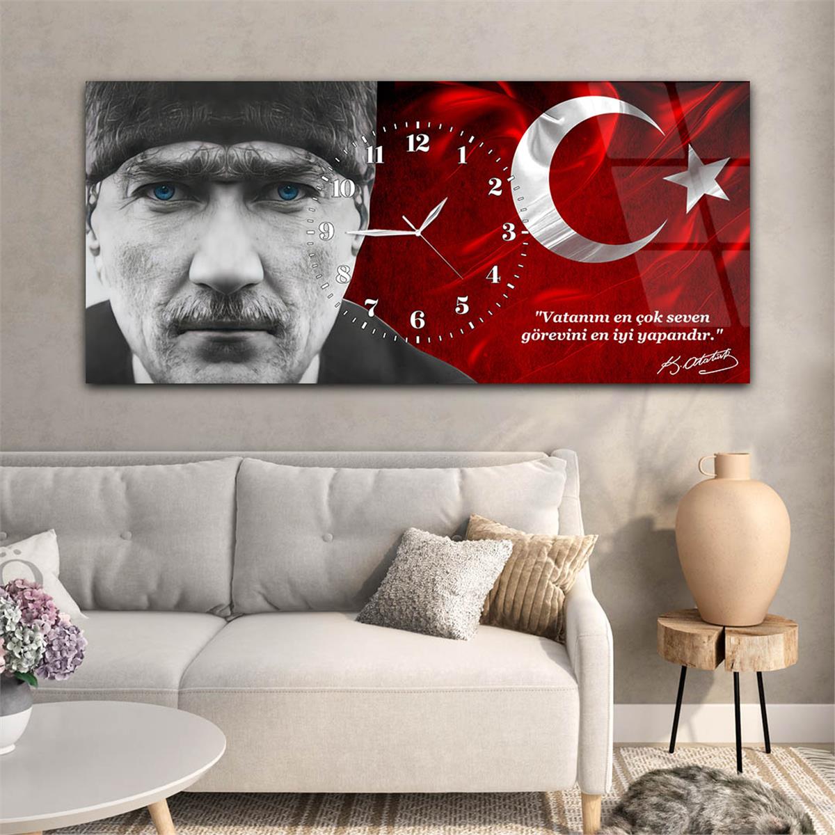 Yatay Saatli Ortadan Vatan Temalı Cam Tablo 146