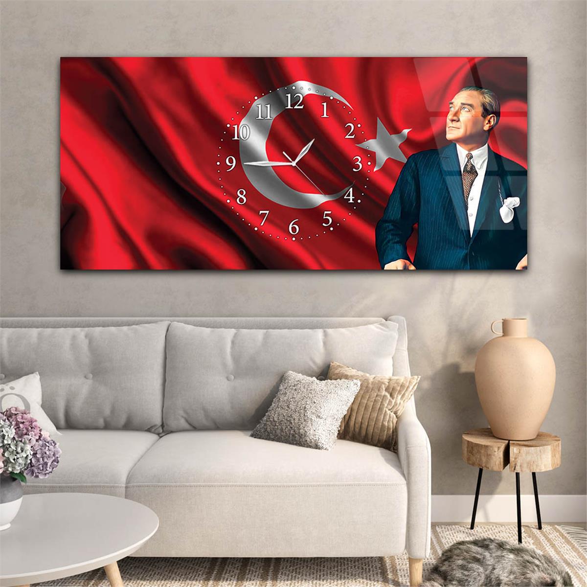 Ayyıldız Türk Bayrağı ve Atatürk Yatay Ortadan Saatli  Cam Tablo 084