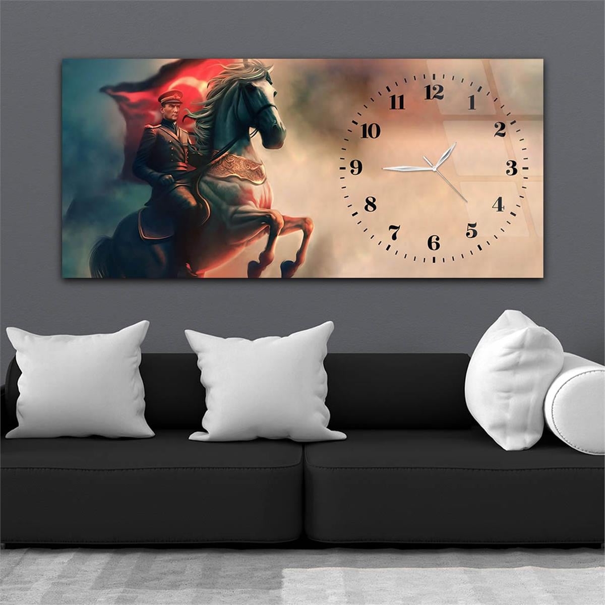 Yatay Saatli Yandan Vatan Temalı Cam Tablo 035