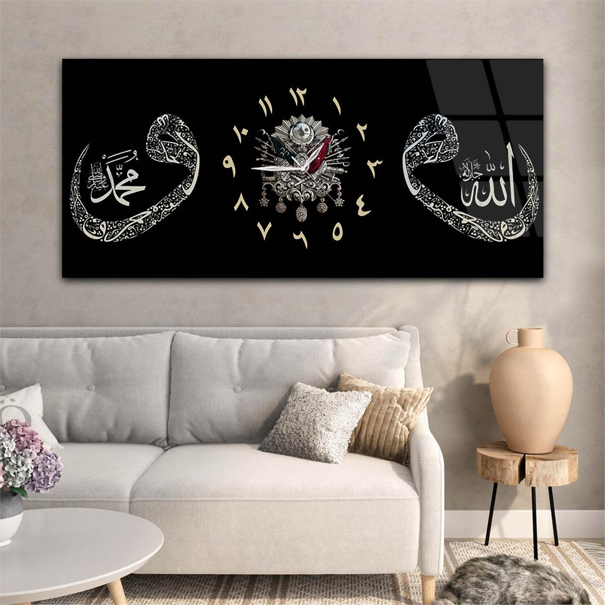 لوحة زجاجية أفقية ذات طابع ديني مع ساعة في الوسط 098