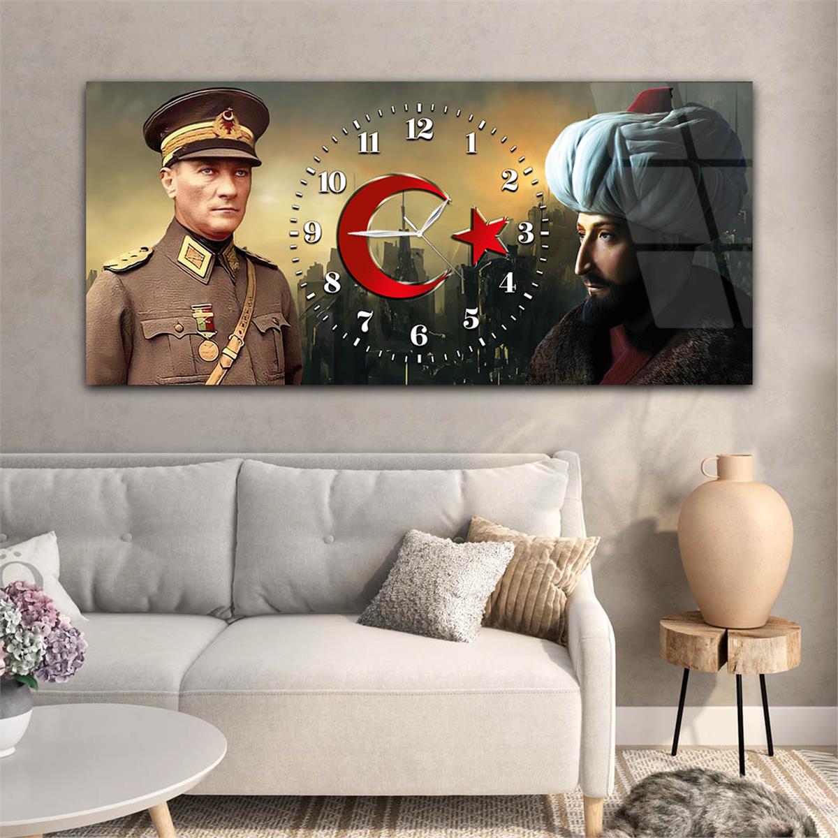 Yatay Saatli Ortadan Vatan Temalı Cam Tablo 158