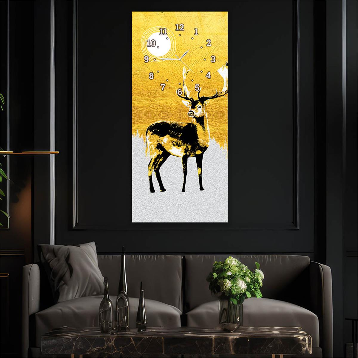 Dikey Üstten Saatli Sanat Temalı Cam Tablo 054