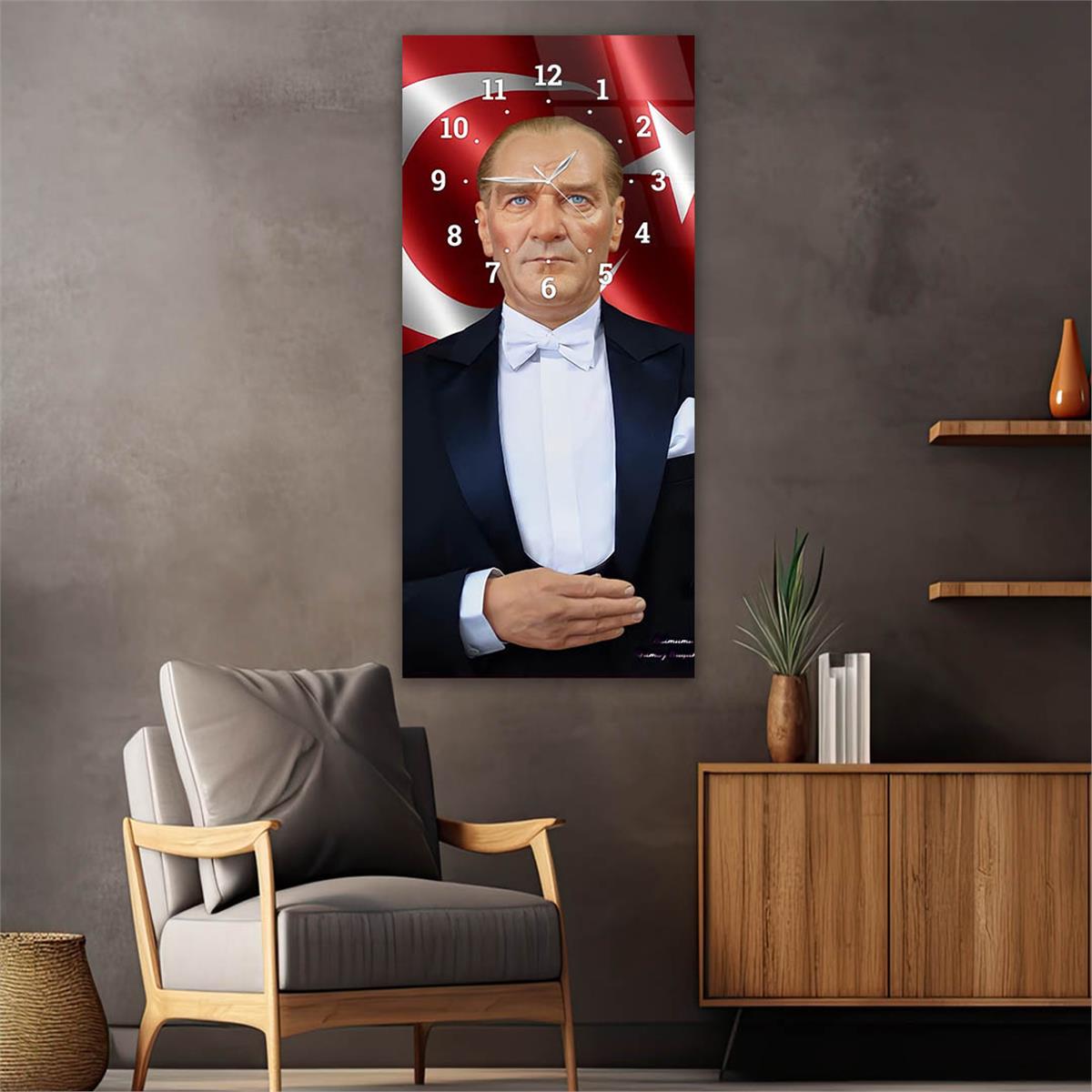 Dikey Üstten Saatli Vatan Temalı Cam Tablo 017
