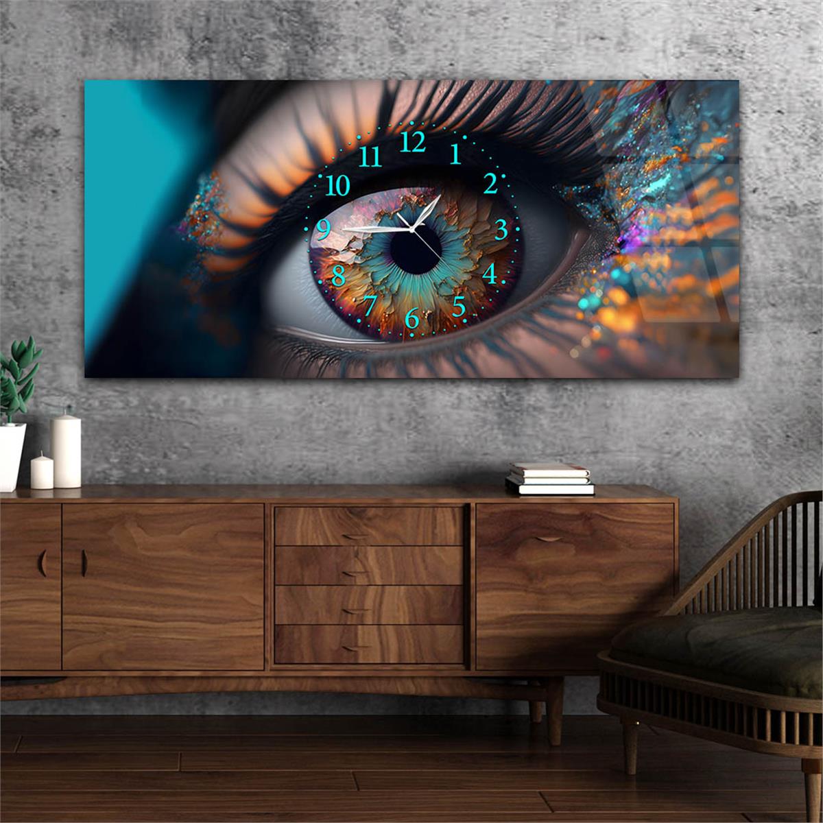 Yatay Ortadan Saatli  Sanat ve Doğa Temalı Cam Tablo 074