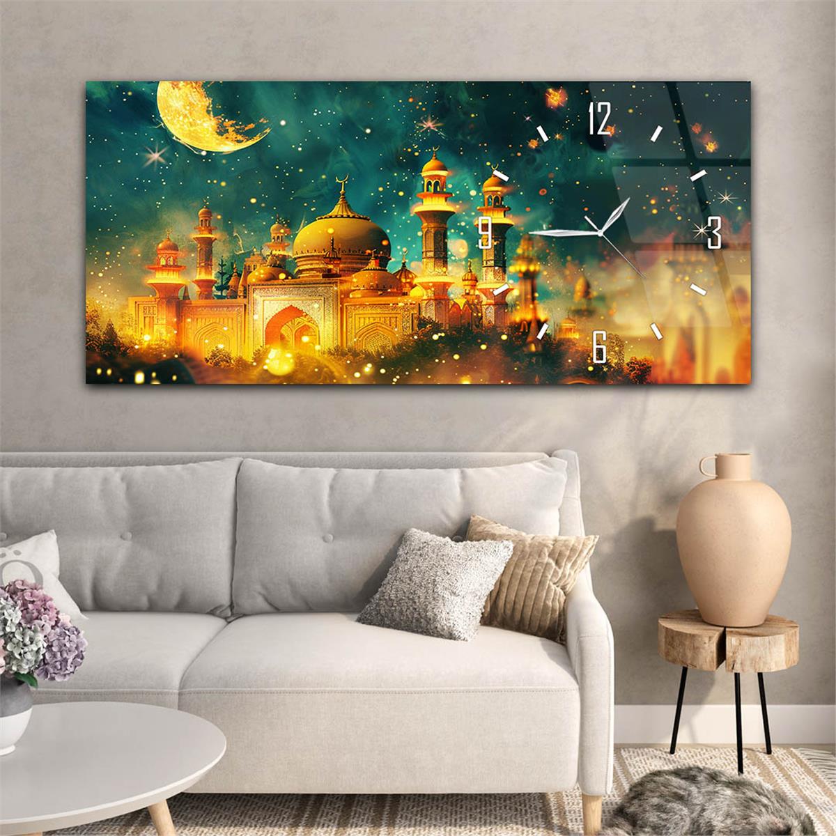 Yatay Saatli Yandan Dini Temalı Cam Tablo 082