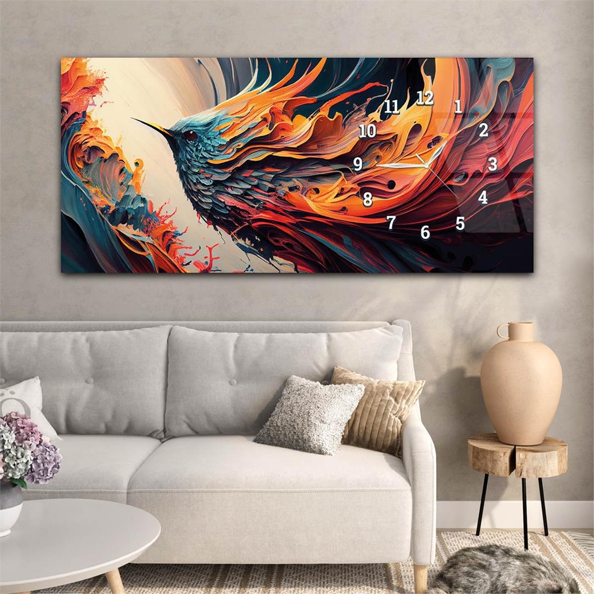 Horizontaal, Aan De Zijkant Voorzien Van Een Klok, Kunst en Natuur Thema Gehard Glasschilderij 189