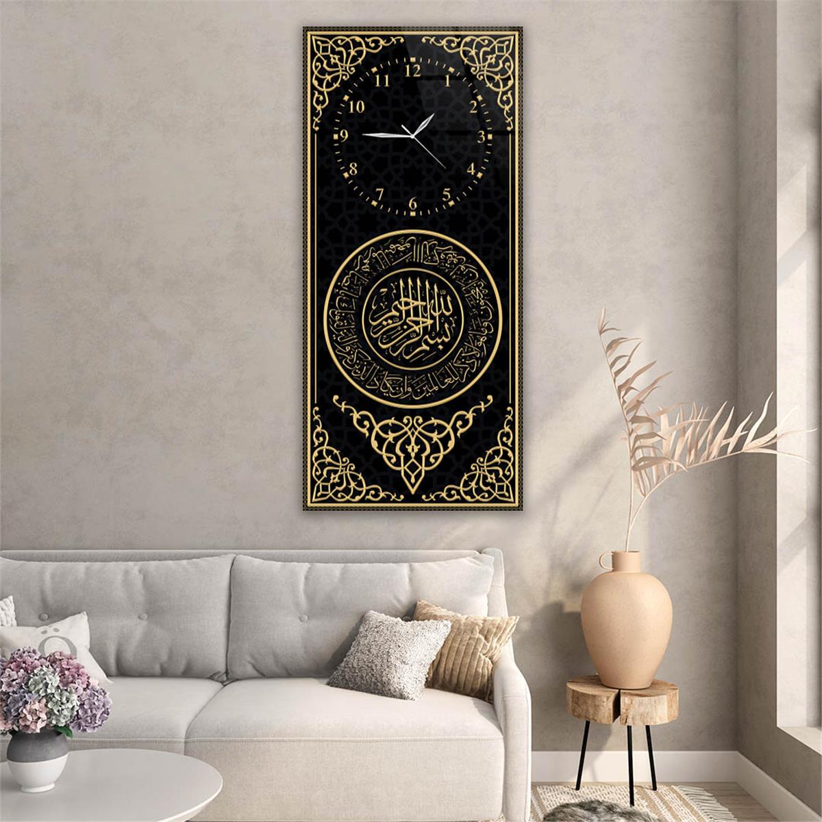 Vertical Religious Themed Glass Wall Art with Clock at the Top  026