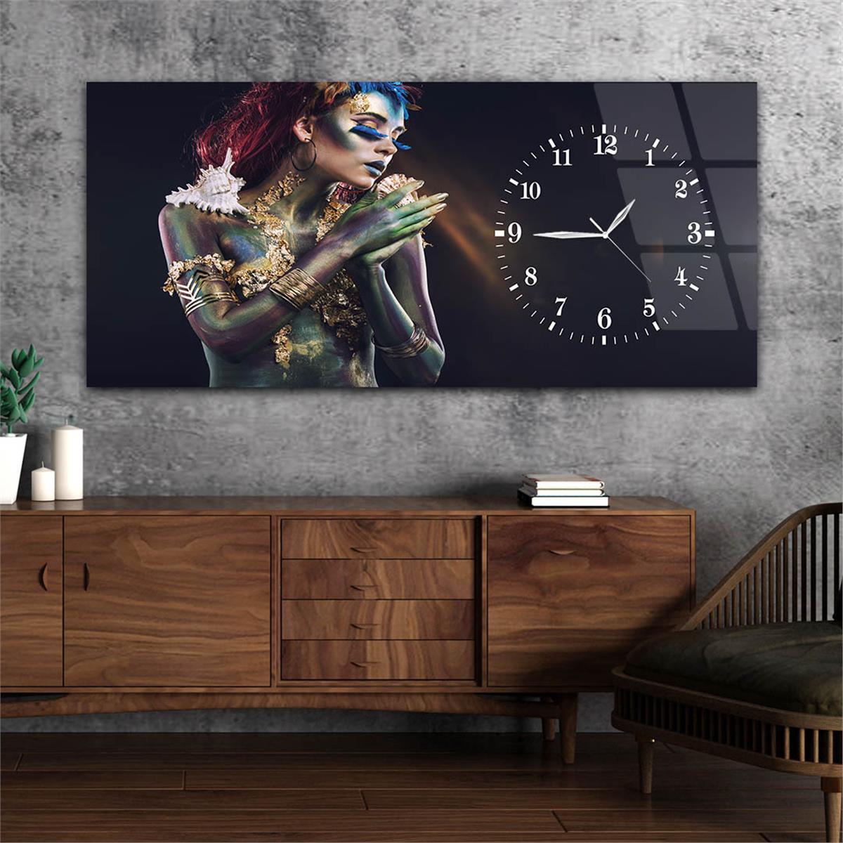 Yatay Saatli Yandan Sanat ve Doğa Temalı Cam Tablo 086