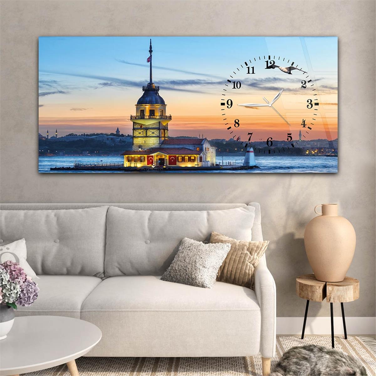 Yatay Saatli Yandan Sanat ve Doğa Temalı Cam Tablo 061