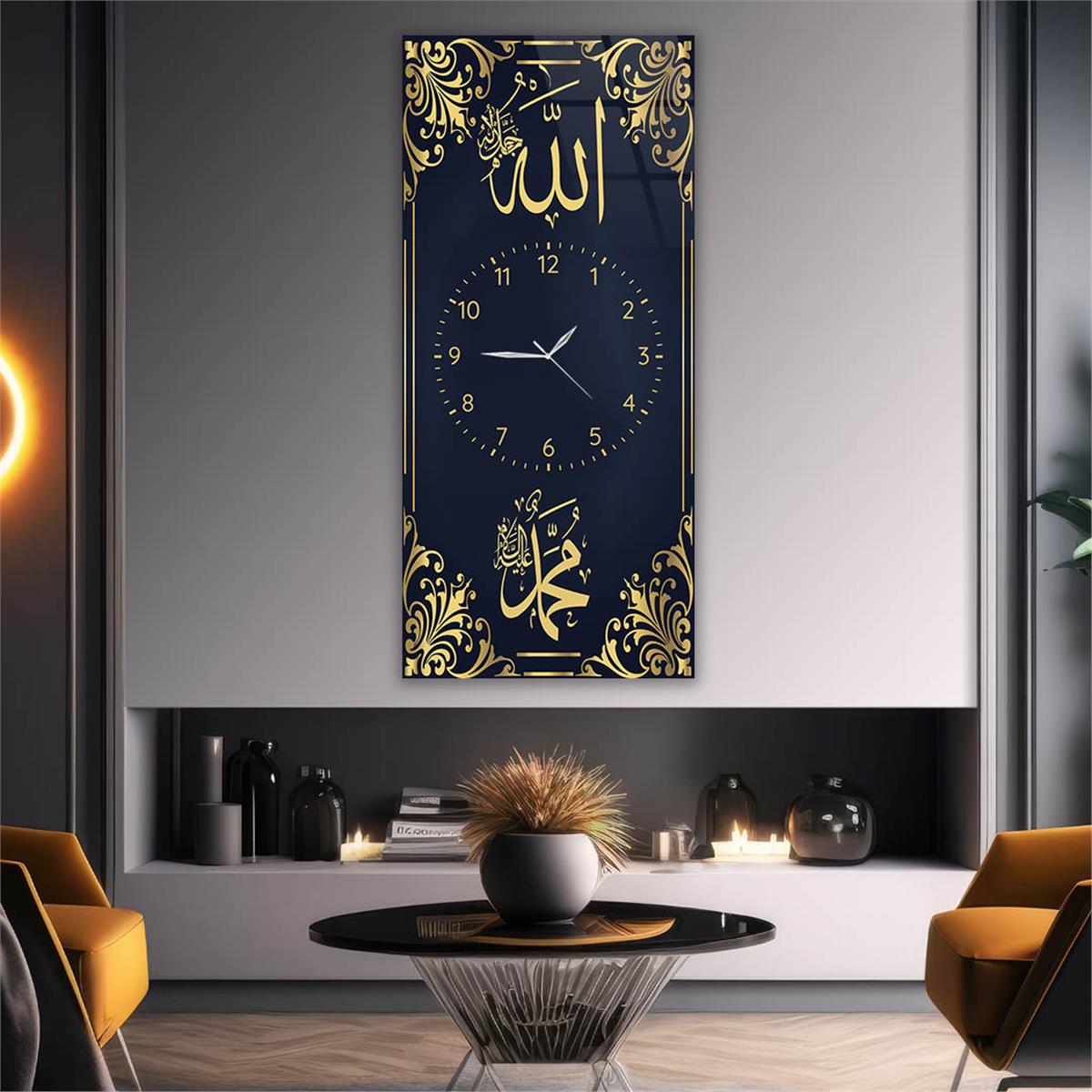 Vertical Religious Themed Glass Wall Art with Clock at the Center 020