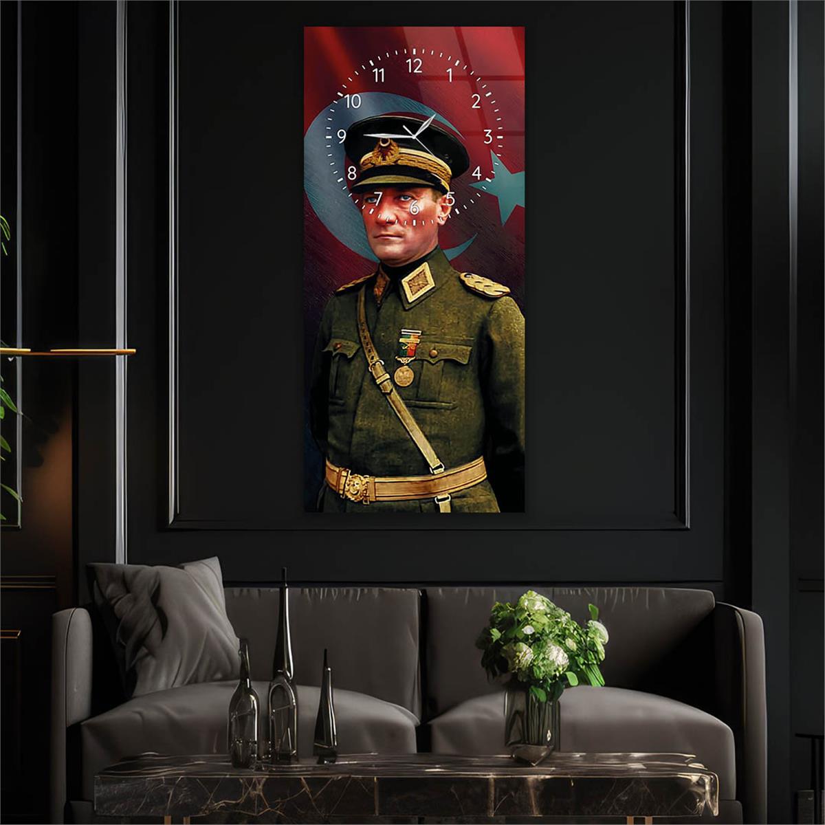 Vertical National Themed Glass Wall Art with Clock at the Top 003