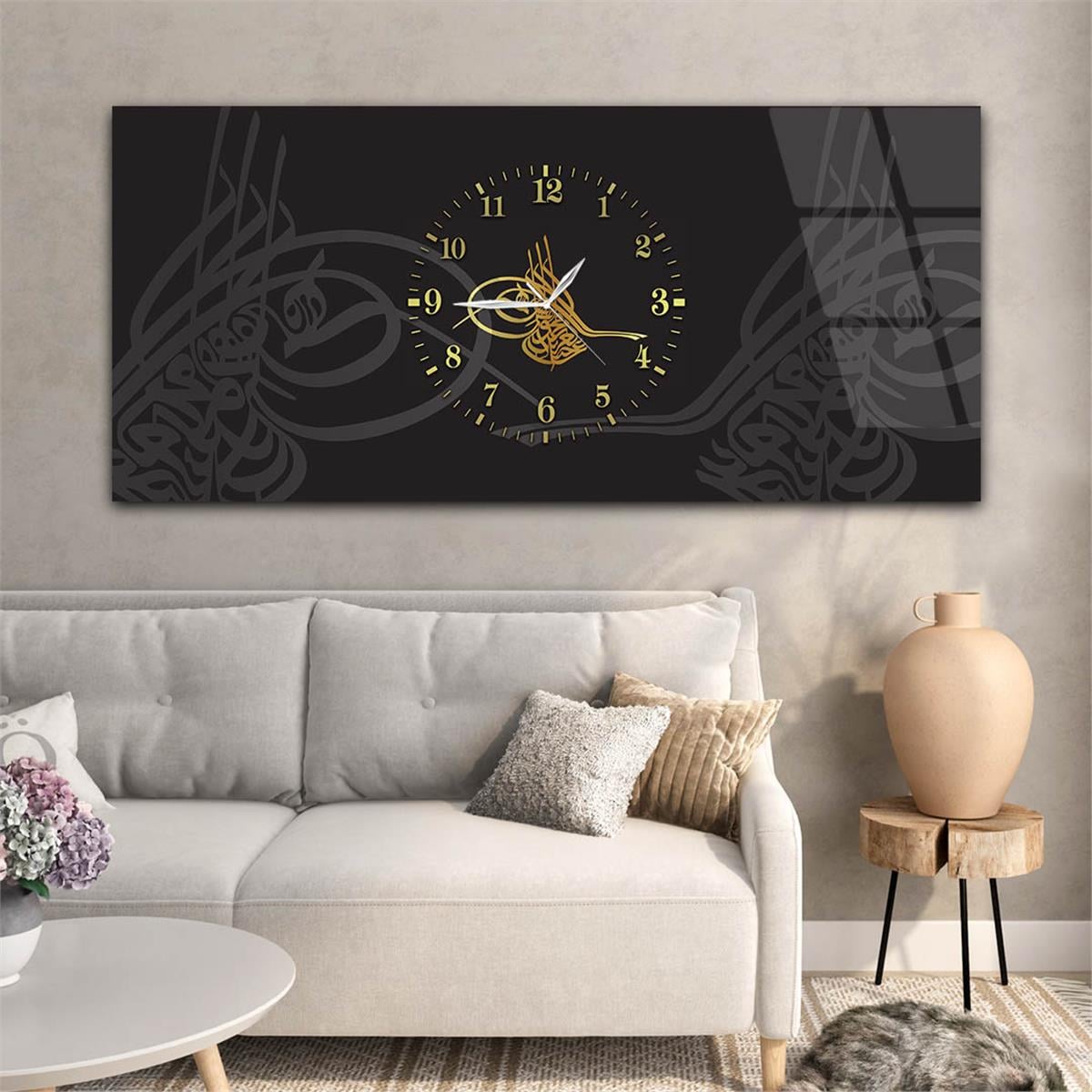 Yatay Ortadan Saatli  Dini Temalı Cam Tablo 108