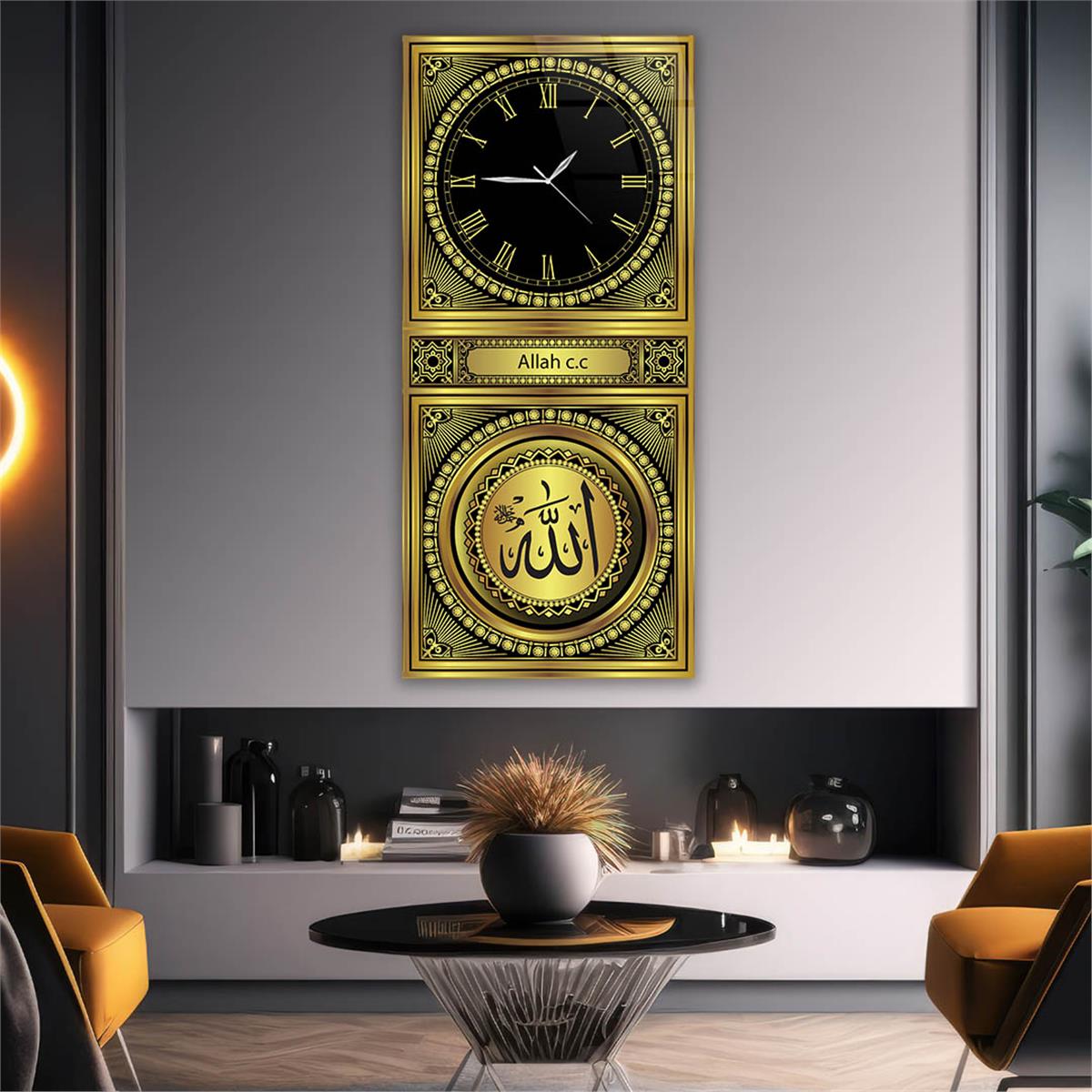 Dikey Üstten Saatli Dini Temalı Cam Tablo 035