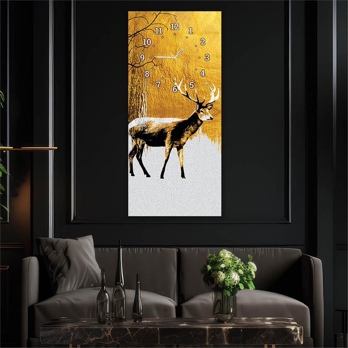 Dikey Üstten Saatli Sanat Temalı Cam Tablo 053