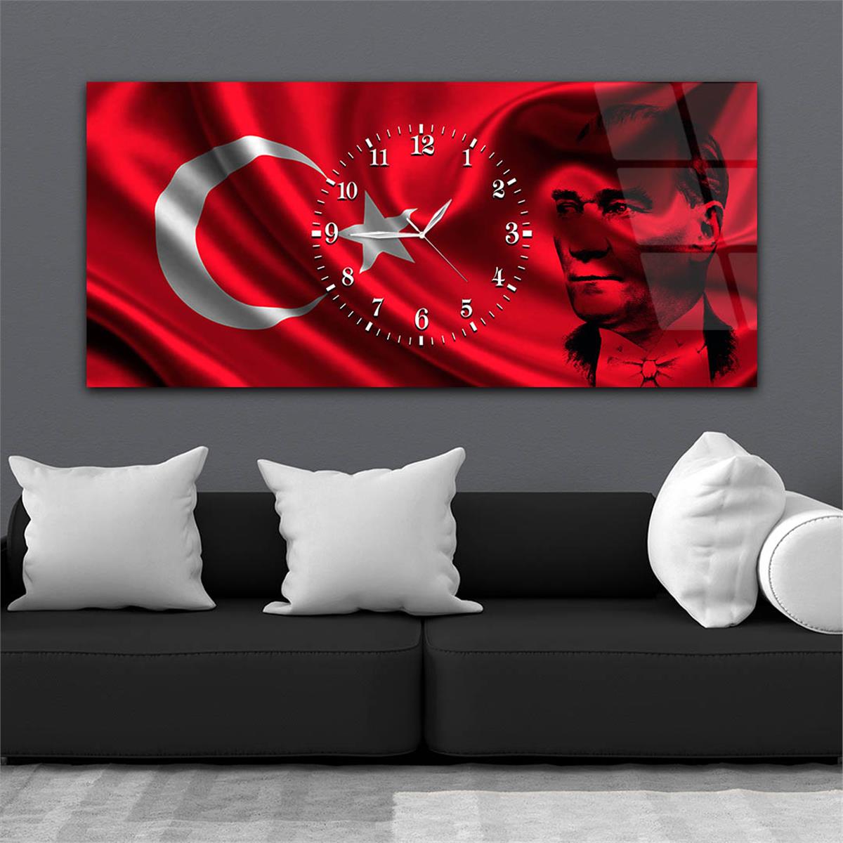 Türk Bayrağı ve Atatürk Yatay Ortadan Saatli  Vatan Temalı Cam Tablo 062