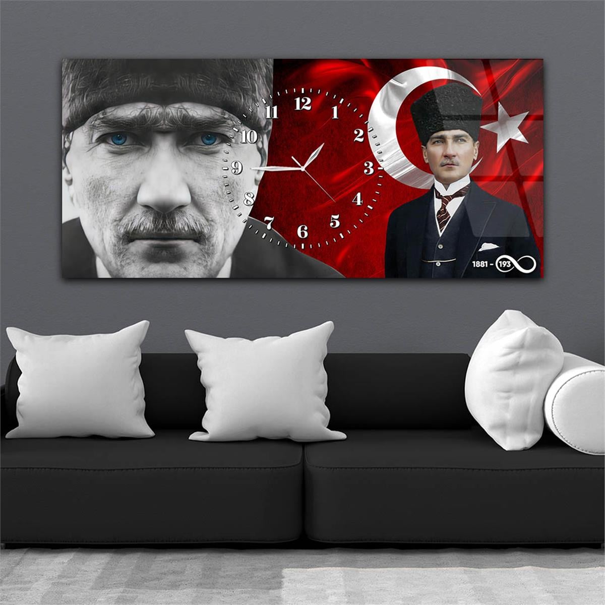 Yatay Saatli Ortadan Vatan Temalı Cam Tablo 162