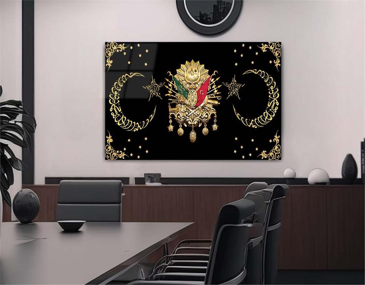 OSMANLI DEVLET ARMASI VE AY YILDIZ GÖRSELLİ CAM TABLO