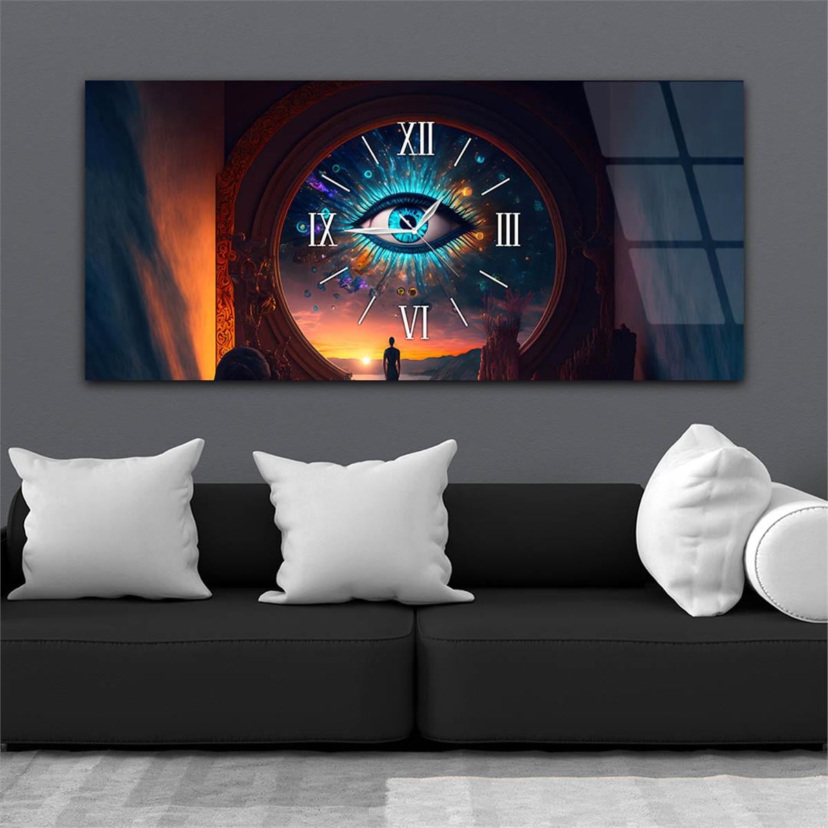 Yatay Ortadan Saatli  Sanat ve Doğa Temalı Cam Tablo 054