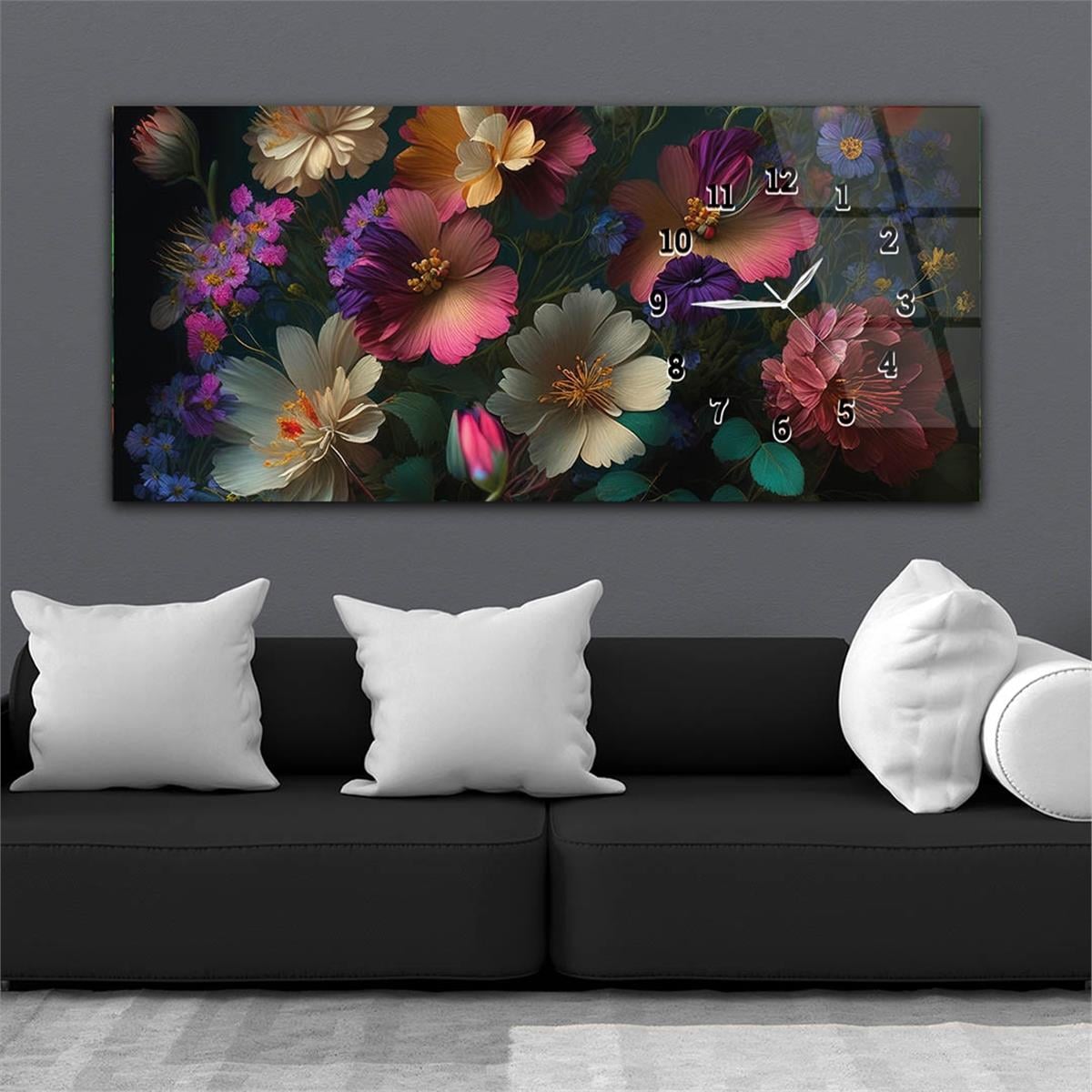 Mixed Floral Patterned Horizontaal, Aan De Zijkant Voorzien Van Een Klok, Kunst en Natuur Thema Gehard Glasschilderij 233