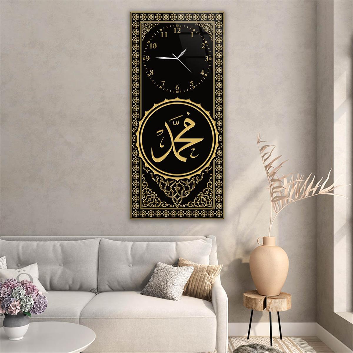 Dikey Üstten Saatli Dini Temalı Cam Tablo 011