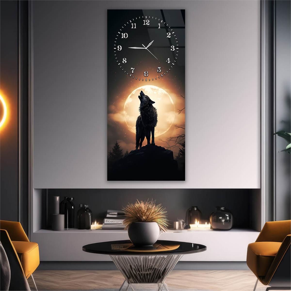 Dikey Üstten Saatli Sanat Temalı Cam Tablo 103