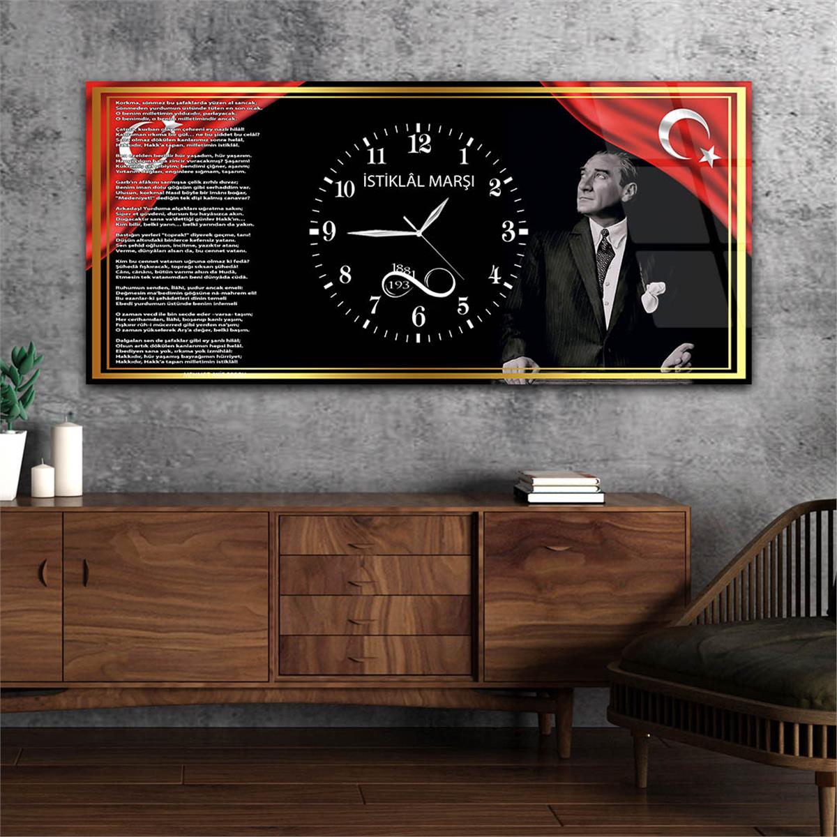 Gold Çerçeve Görselli İstiklal Marşı ve Atatürk Yatay Ortadan Saatli  Vatan Temalı Cam Tablo 044