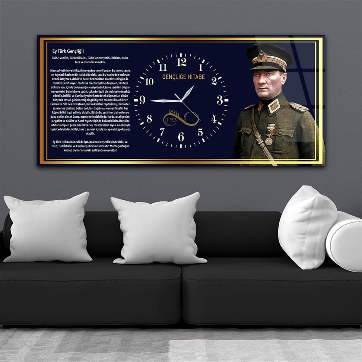 Mustafa Kemal Atatürk ve Gençliğe Hitabe Yatay Ortadan Saatli Cam Tablo 038