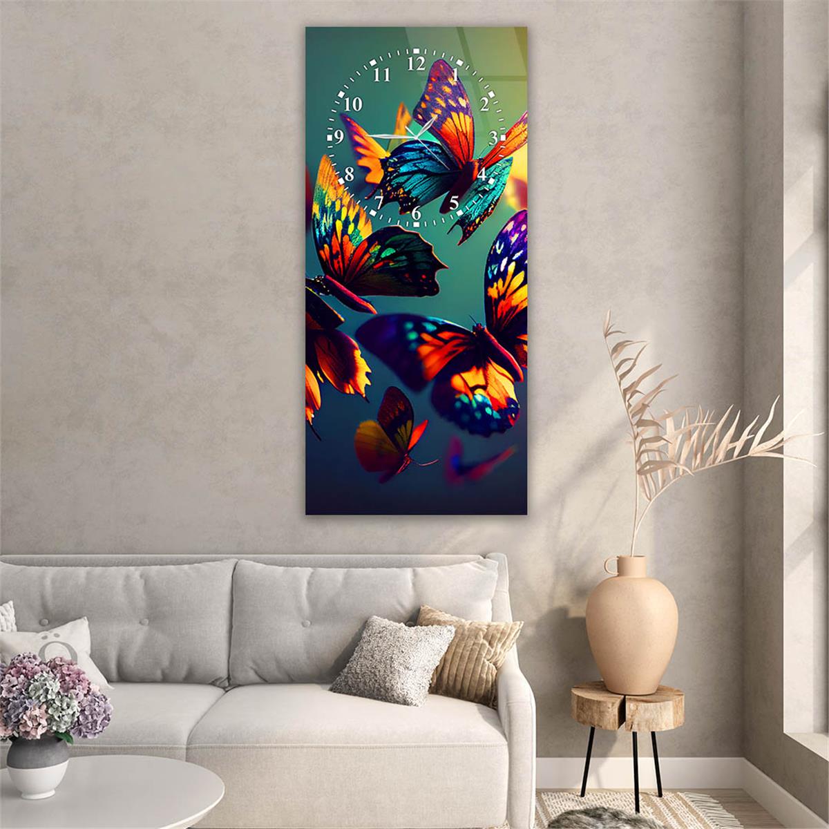 Dikey Üstten Saatli Sanat Temalı Cam Tablo 030