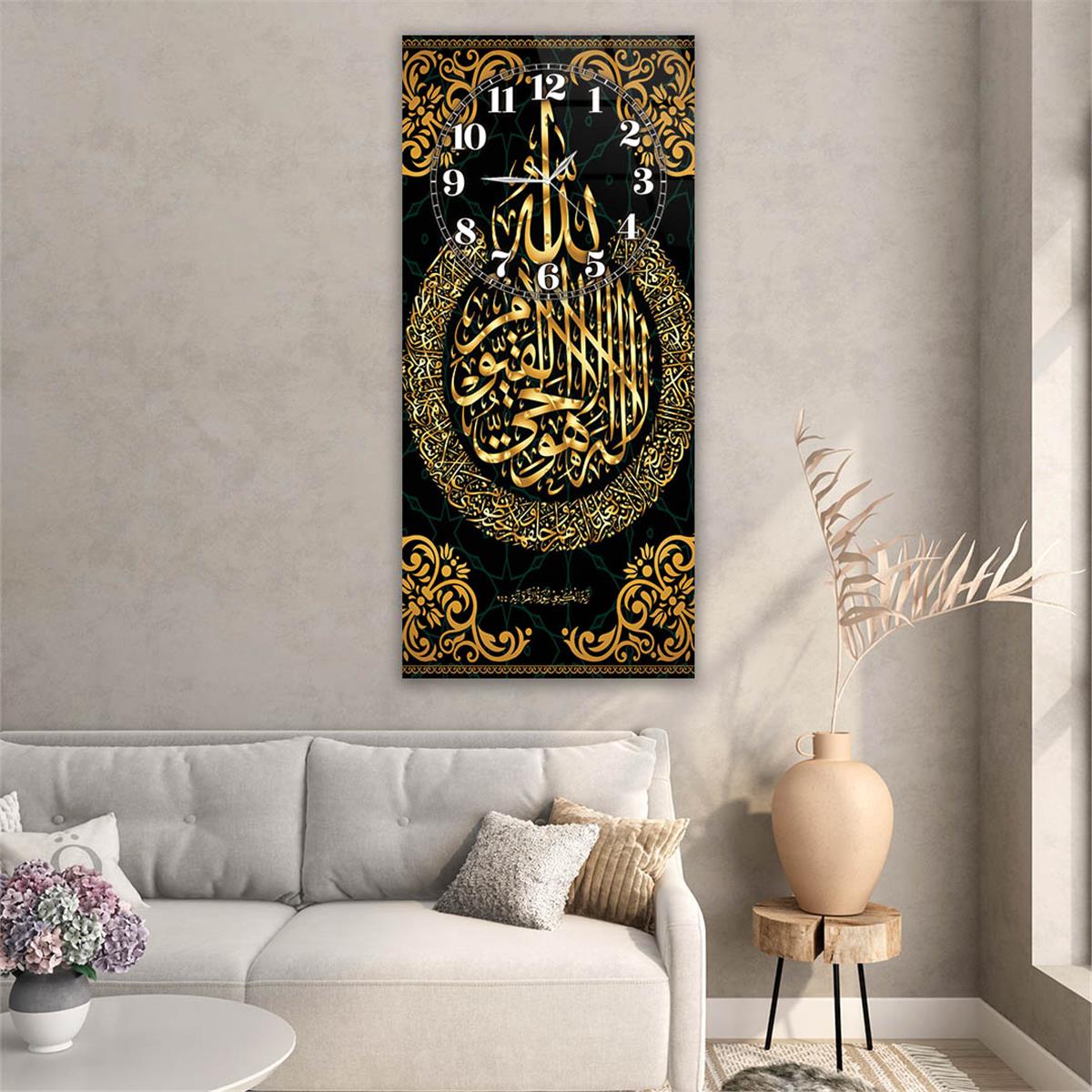 Vertical Religious Themed Glass Wall Art with Clock at the Top  003