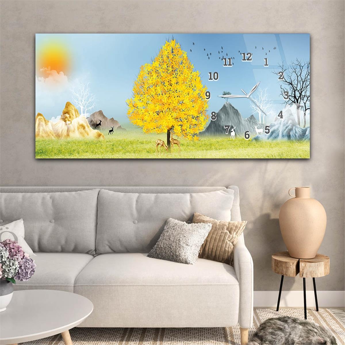 Horizontaal, Aan De Zijkant Voorzien Van Een Klok, Kunst en Natuur Thema Gehard Glasschilderij 159