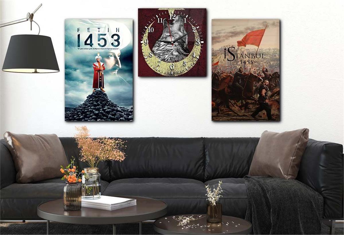 FATİH SULTAN MEHMET KHAN Tempered Glass Wall Art Set with Clock 