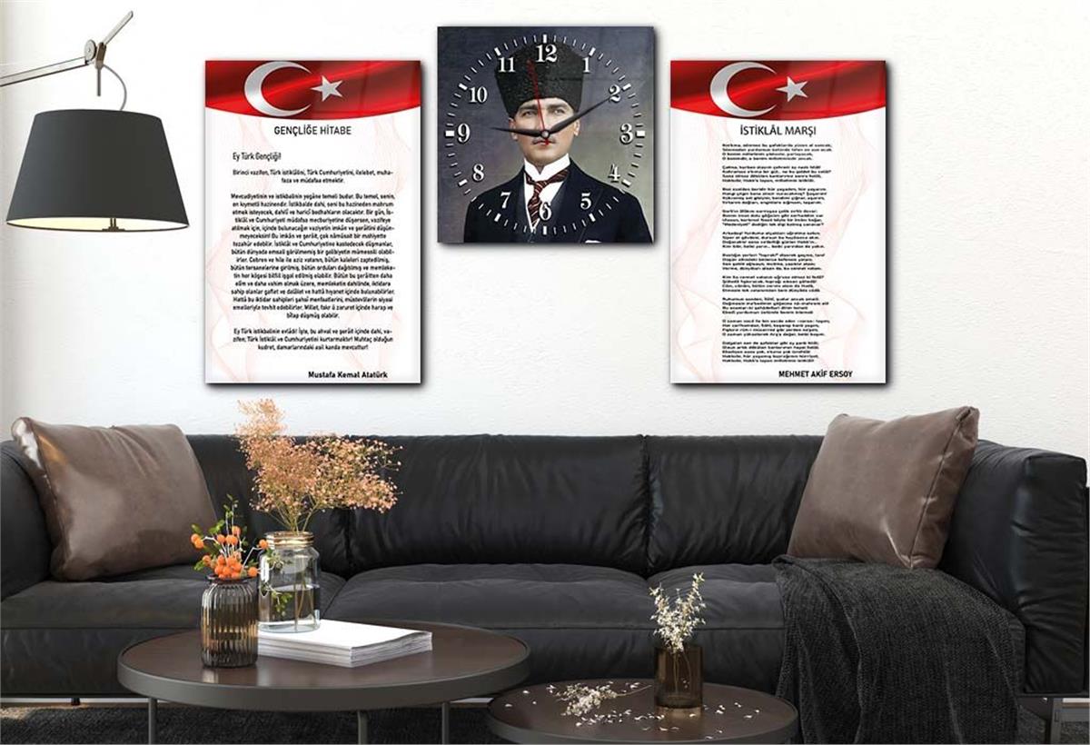 Atatürk and Independence March Glass Wall Art Set with Clock