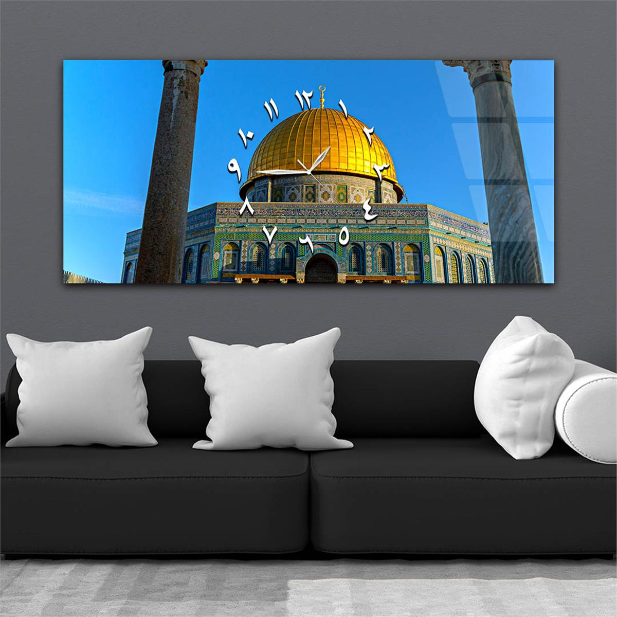 Yatay Ortadan Saatli  Dini Temalı Cam Tablo 005