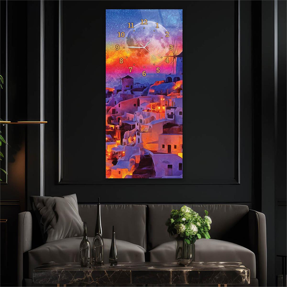 Dikey Üstten Saatli Sanat Temalı Cam Tablo 051