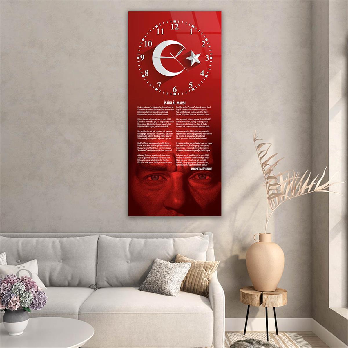 Dikey Üstten Saatli Vatan Temalı Cam Tablo 026