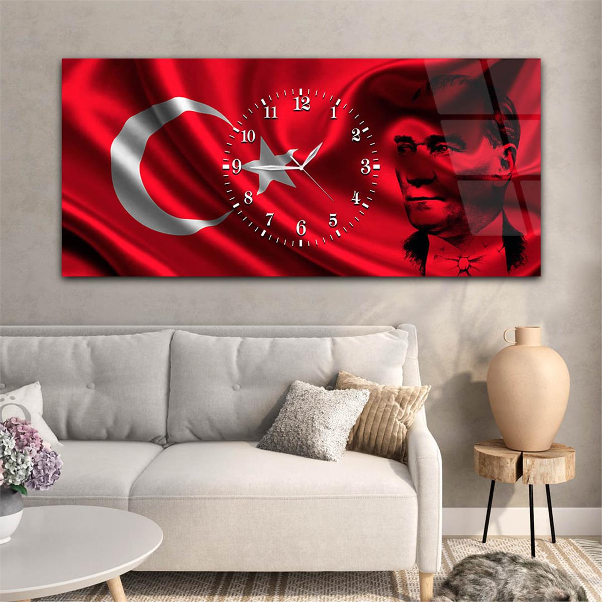 Türk Bayrağı ve Atatürk Yatay Ortadan Saatli  Vatan Temalı Cam Tablo 062