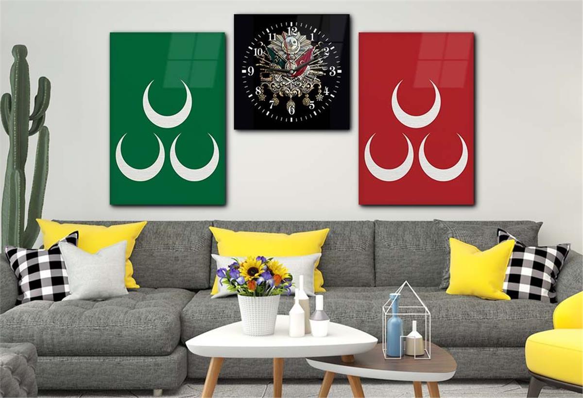 Ottoman State Coat of Arms and Three Crescent Tempered Glass Wall Art Set with Clock