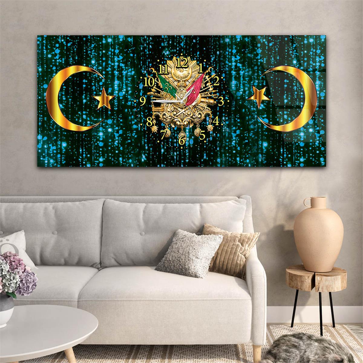 Mavi Zemin Üzerine Ayyıldız ve Osmanlı Tuğrası Saatli Cam Tablo 085